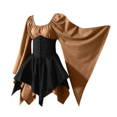 Halloween Women Medieval Cosplay Costumes Ladies Gothic Retro Long Sleeve Corset Dress Female Patchwork Belt Fashion Mini Dress