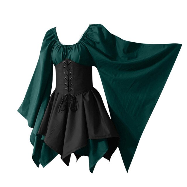 Halloween Women Medieval Cosplay Costumes Ladies Gothic Retro Long Sleeve Corset Dress Female Patchwork Belt Fashion Mini Dress