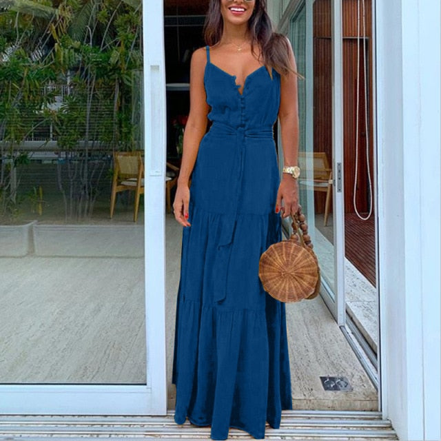 Summer Green Tunic Maxi Dress V Neck Robe Femme Belt Elegant Ruffles Party Long Dresses Spaghetti Strap Casual Vestidos Mujer