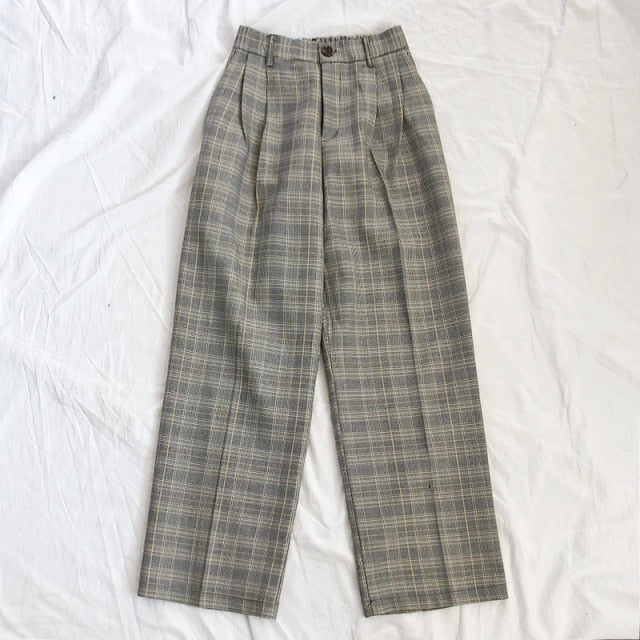 Lizakosht Spring Women Pants Plaid High Waist  Wide Leg Long Suit  Pants