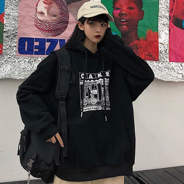 Hoodies Women Printed Thickening Hooded Plus Velvet BF Unisex Couples Pullover Sweatshirt Streetwear Hip-Hop All-match Oversize