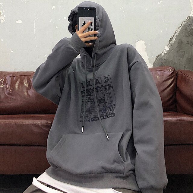 Hoodies Women Printed Thickening Hooded Plus Velvet BF Unisex Couples Pullover Sweatshirt Streetwear Hip-Hop All-match Oversize
