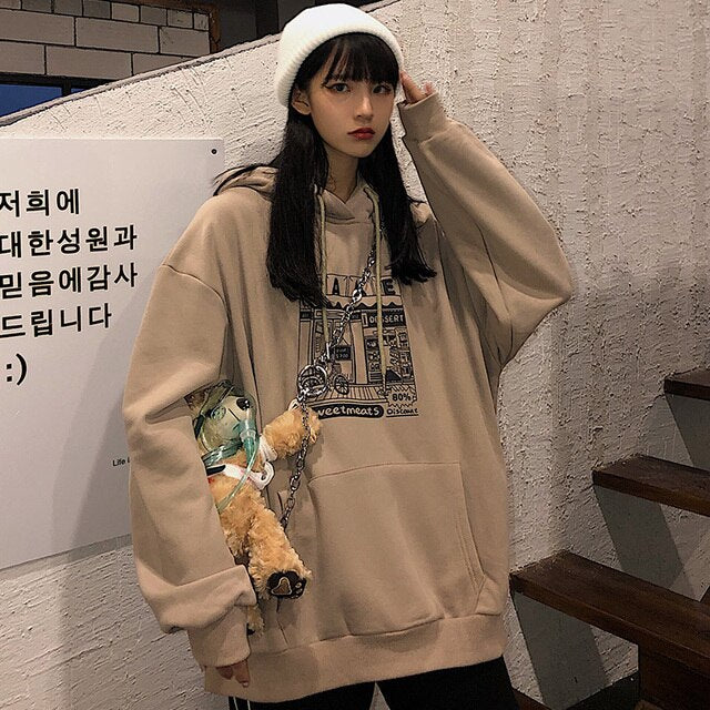 Hoodies Women Printed Thickening Hooded Plus Velvet BF Unisex Couples Pullover Sweatshirt Streetwear Hip-Hop All-match Oversize