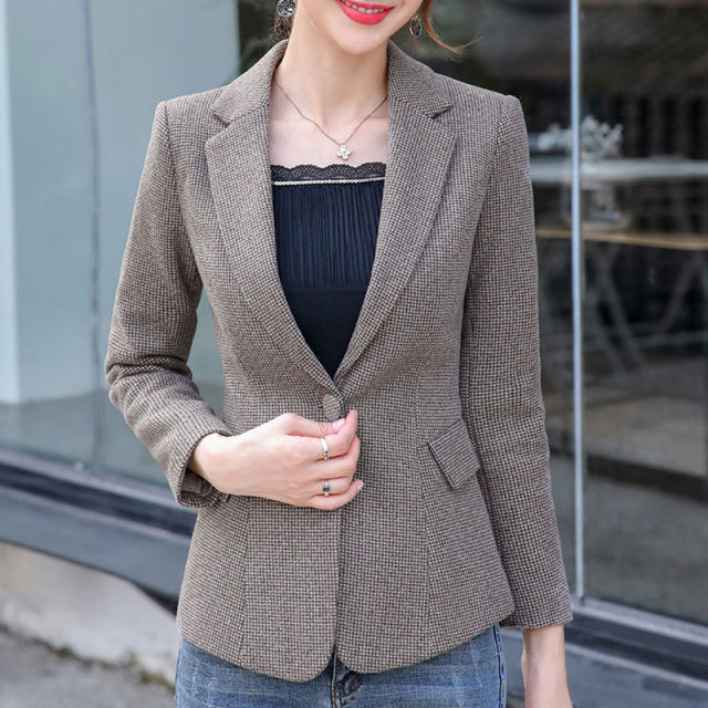 Lizakosht Fashion Plaid Women Blazer Single Button Long Sleeve Female Casual Coats Office Ladies Outerwear Chic Tops Blazer