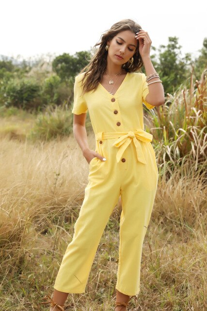 Summer Short Sleeve White Jumpsuit Women High Waist Lace Up Jumpsuit Romper Women Casual Overall Femme Wide Leg Pants