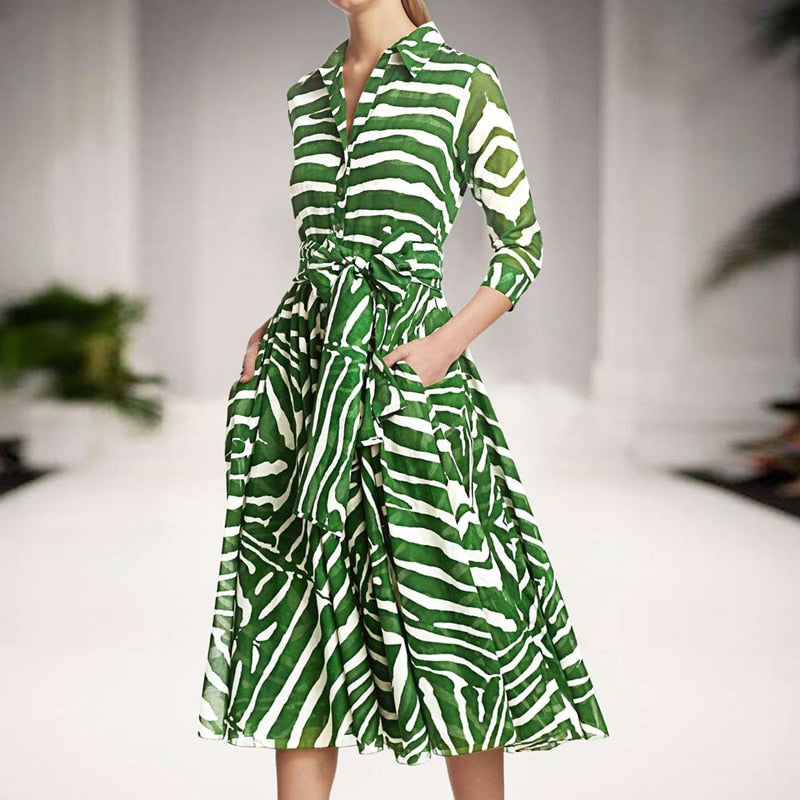Runway Bohemian Zebra Print Single-Breasted Belt Slim Fit Temperament Shirt Dress Mid-Length Designer New Women'S Clothing