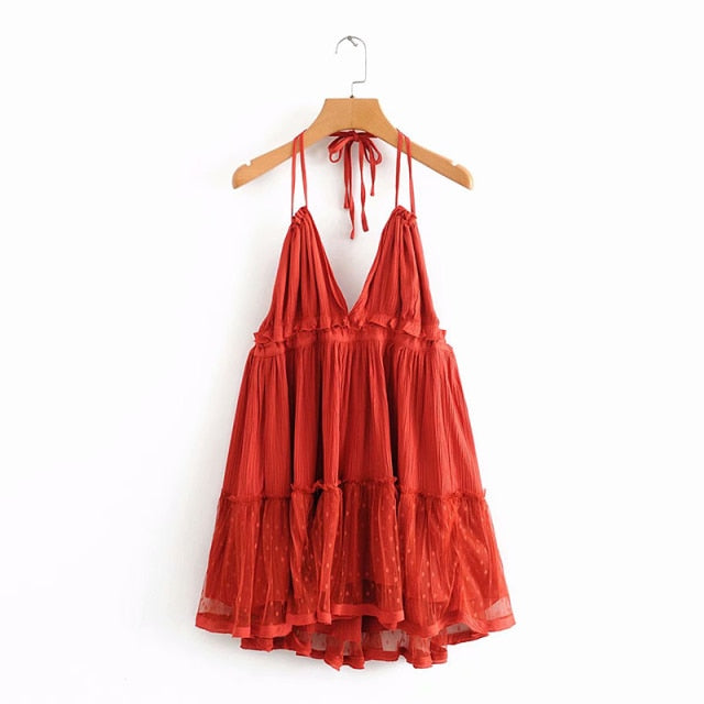 Lizakosht-Sexy Backless Lace Spliced Dress Summer Halter V-neck Mini Dresses Woman Dress Elegant Evening