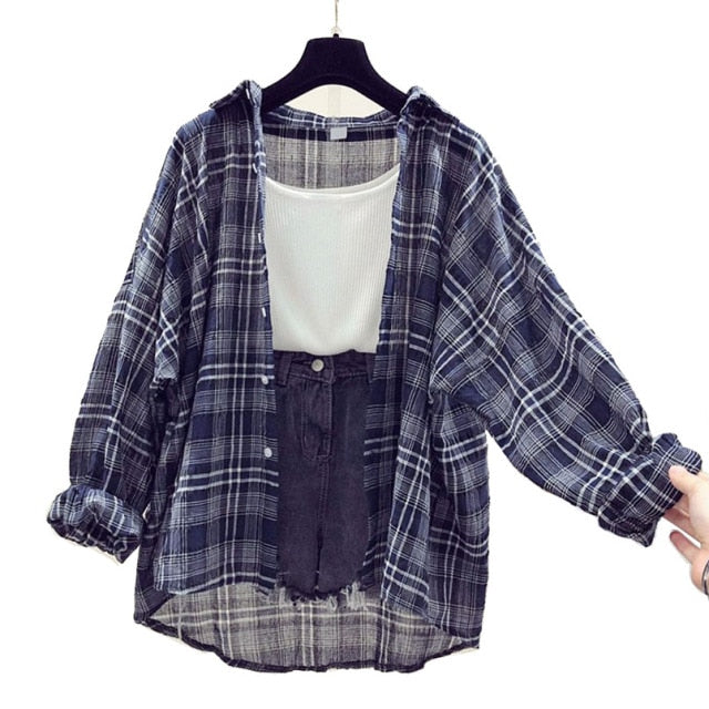 Fashion Plaid Women Tops and Blouses Female Casual Matching Color Long Sleeve Button Loose Plaid Shirt Top blusas mujer de moda