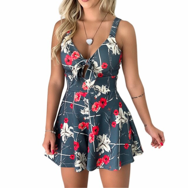 Deep V-Neck Sexy Floral Print Women Jumpsuits Summer 2021 New Bowknot Women's Jumpsuit Shorts Casual Beach Strappy Jumpsuits
