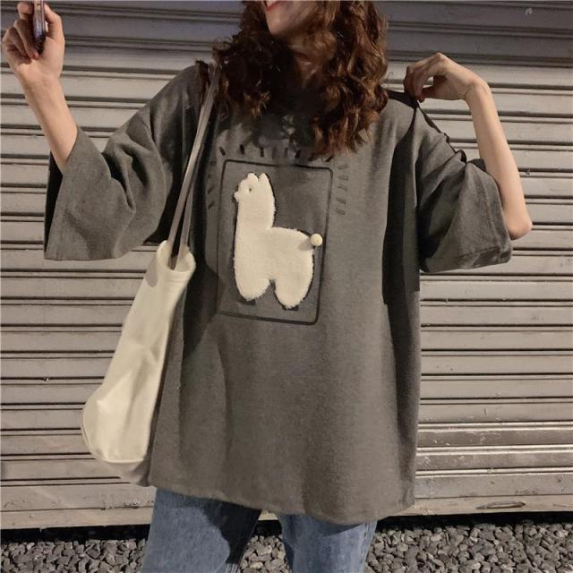 Lizakosht  Cartoon Alpaca Animal Printed Casual Loose Oversize Korean Style 2021 Summer Short Sleeve Women Top Female T-shirts