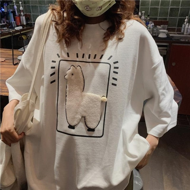Lizakosht  Cartoon Alpaca Animal Printed Casual Loose Oversize Korean Style 2021 Summer Short Sleeve Women Top Female T-shirts