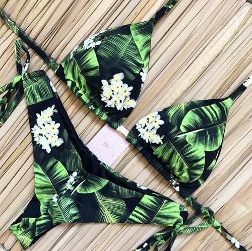 Sexy Floral Print Bikinis Striped Patchwork Swimsuit Women Bandage Bikini Set Swimwear Brazilian Beachwear New Bathing Suit