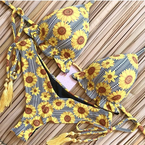 Sexy Floral Print Bikinis Striped Patchwork Swimsuit Women Bandage Bikini Set Swimwear Brazilian Beachwear New Bathing Suit