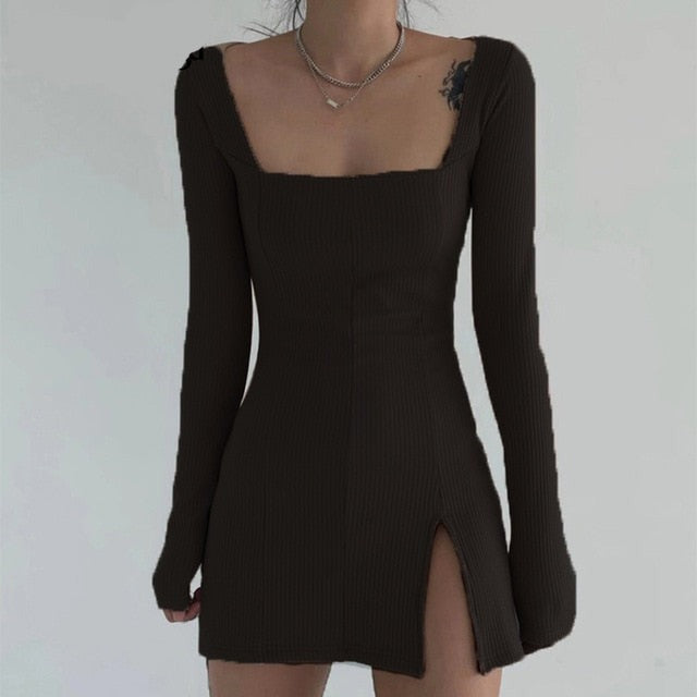 Lizakosht  Elegant Square Neck Ribbed Black Dress Female Knitted Side Split Bodycon Dress Long Sleeve Fashion Mini Dresses Basic