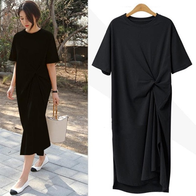 Summer Dress Casual 2021 Black Shirt Dress Midi Women Korean Style Clothes Side Split Ladies 4XL Plus size Short sleeve