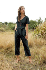 Summer Short Sleeve White Jumpsuit Women High Waist Lace Up Jumpsuit Romper Women Casual Overall Femme Wide Leg Pants
