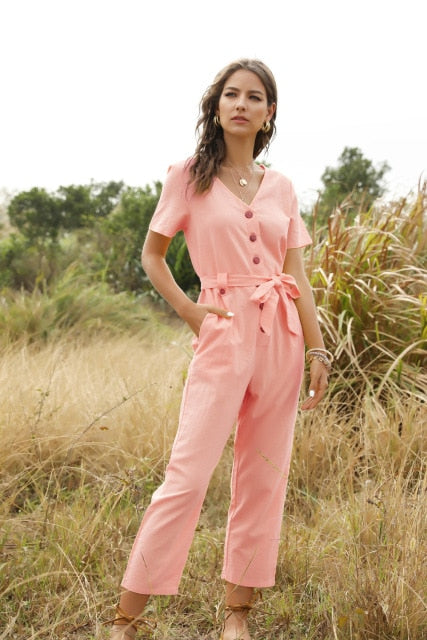 Summer Short Sleeve White Jumpsuit Women High Waist Lace Up Jumpsuit Romper Women Casual Overall Femme Wide Leg Pants