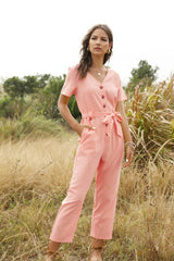 Summer Short Sleeve White Jumpsuit Women High Waist Lace Up Jumpsuit Romper Women Casual Overall Femme Wide Leg Pants