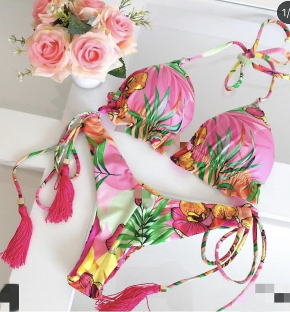 Sexy Floral Print Bikinis Striped Patchwork Swimsuit Women Bandage Bikini Set Swimwear Brazilian Beachwear New Bathing Suit