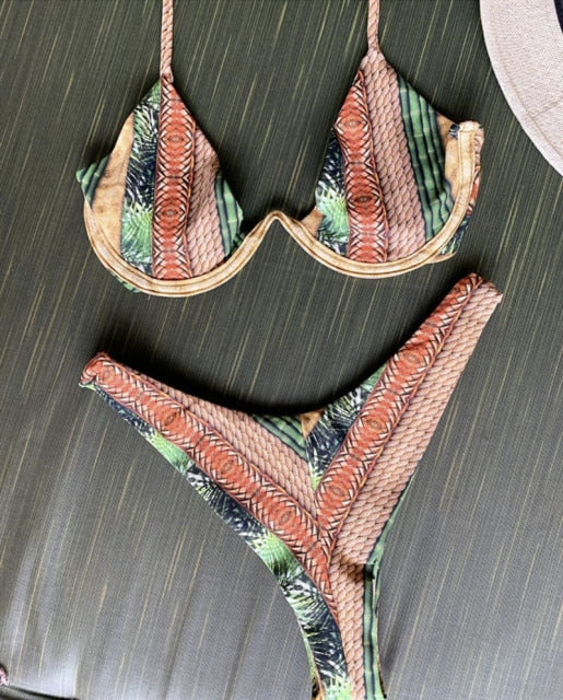Sexy Floral Print Bikinis Striped Patchwork Swimsuit Women Bandage Bikini Set Swimwear Brazilian Beachwear New Bathing Suit