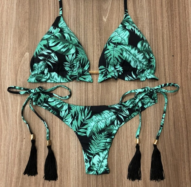 Sexy Floral Print Bikinis Striped Patchwork Swimsuit Women Bandage Bikini Set Swimwear Brazilian Beachwear New Bathing Suit