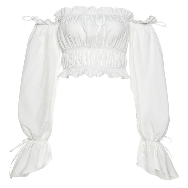 Lizakosht Off Shoulder Top Women Long Sleeve Ruffle Top Ladies White Elegant Top Party Blusas