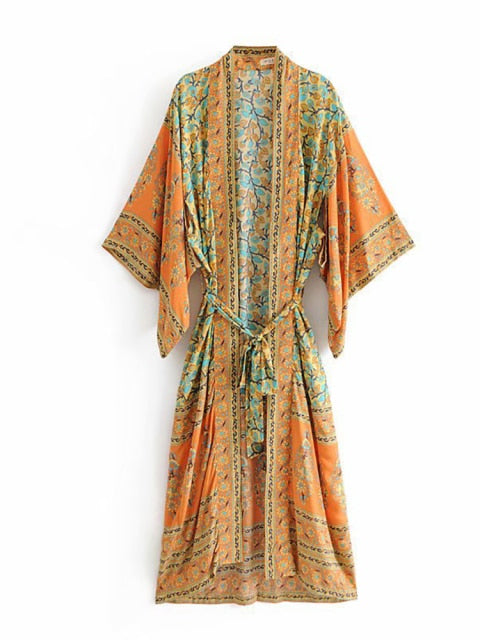 Fitshinling Print Floral Cotton Beach Kimono Belt Vintage Bohemian Slim Cover Up Swimwear Long Cardigan Sexy Flare Sleeve Covers