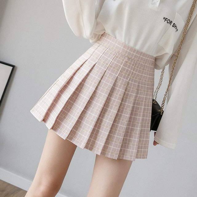 QRWR Summer Women Skirts 2021 New Korean High Waist Plaid Mini Skirt Women School Girls Sexy Cute Pleated Skirt with Zipper