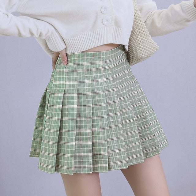 QRWR Summer Women Skirts 2021 New Korean High Waist Plaid Mini Skirt Women School Girls Sexy Cute Pleated Skirt with Zipper