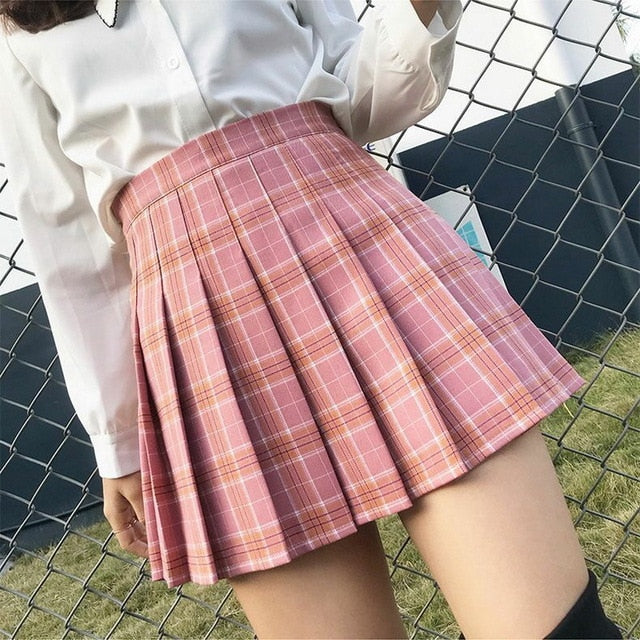 QRWR Summer Women Skirts 2021 New Korean High Waist Plaid Mini Skirt Women School Girls Sexy Cute Pleated Skirt with Zipper