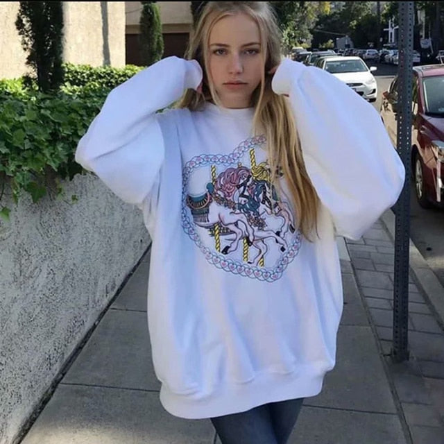 Vintage White Angel Print Hoodie Women  Autumn White Cotton Long Sleeve Zipper Tops Female Casual Chic Streetwear Hoodied