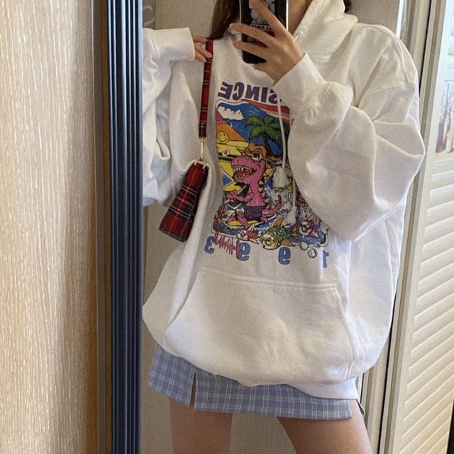 Vintage White Angel Print Hoodie Women  Autumn White Cotton Long Sleeve Zipper Tops Female Casual Chic Streetwear Hoodied