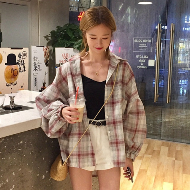 Fashion Plaid Women Tops and Blouses Female Casual Matching Color Long Sleeve Button Loose Plaid Shirt Top blusas mujer de moda