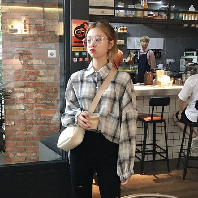 Fashion Plaid Women Tops and Blouses Female Casual Matching Color Long Sleeve Button Loose Plaid Shirt Top blusas mujer de moda