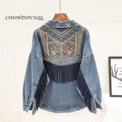 Denim Jacket Korean Floral Embroidery Suede Fringe Loose Chaquetas Mujer Coat Long Sleeve Outerwear Jacket Women Veste Femme