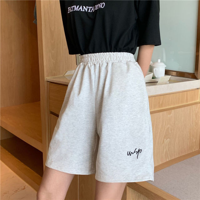 Shorts Women Summer Loose 3XL Solid Embroidery BF Wide-leg Knee-length Harajuku Casual Simple Ins Trendy All-match Students Chic