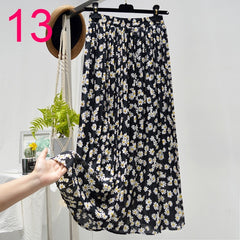 Summer Skirts Womens 2021 New Vintage Floral Print Chiffon Pleated Skirt Elastic High Waist Casual Midi Skirt Women Clothes Jupe