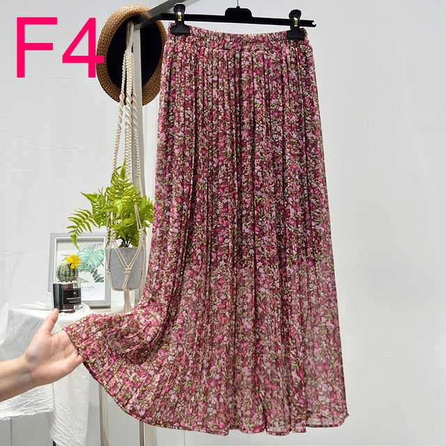 Summer Skirts Womens 2021 New Vintage Floral Print Chiffon Pleated Skirt Elastic High Waist Casual Midi Skirt Women Clothes Jupe