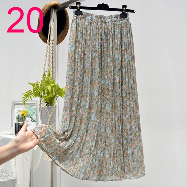 Summer Skirts Womens 2021 New Vintage Floral Print Chiffon Pleated Skirt Elastic High Waist Casual Midi Skirt Women Clothes Jupe