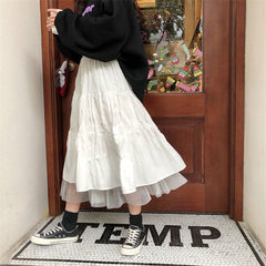 Long Tulle Midi Skirts Womens 2021 Autumn Elastic High Waist Mesh Tutu Pleated Skirts Female Black White Long Skirt Streetwear