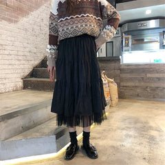 Long Tulle Midi Skirts Womens 2021 Autumn Elastic High Waist Mesh Tutu Pleated Skirts Female Black White Long Skirt Streetwear