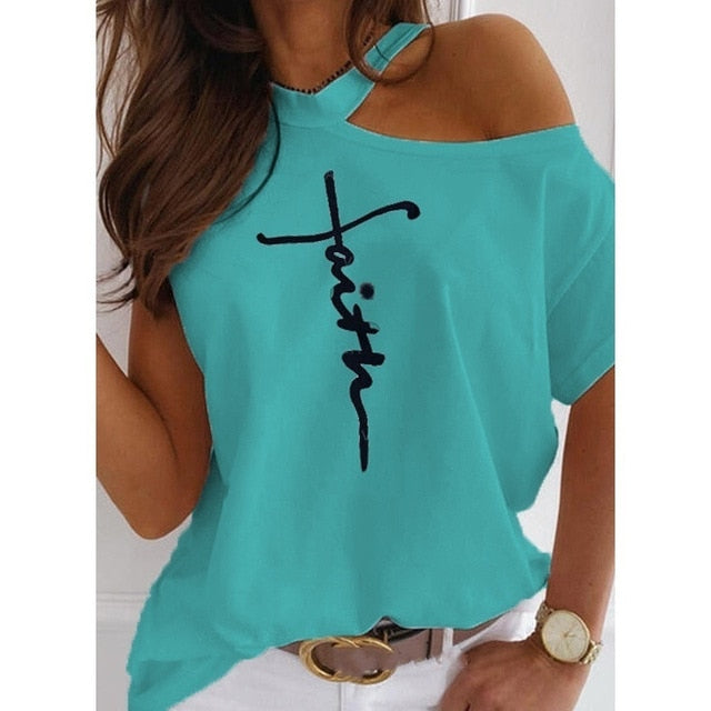 Large size Top Sexy Off Shoulder summer Tshirt Women Print Casual Summer Short Sleeve O-neck Pullovers Tops Fashion Street Tee