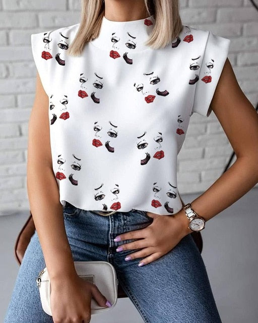 Hirigin 2021  Fashion Women Elegant Lips Print Tops Blouse Shirts Summer Ladies Office Casual Stand Neck Pullovers Eye Blusa Tops