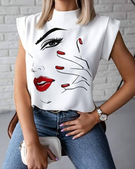 Hirigin 2021  Fashion Women Elegant Lips Print Tops Blouse Shirts Summer Ladies Office Casual Stand Neck Pullovers Eye Blusa Tops