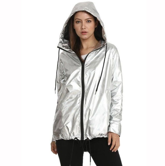 New Women's Jackets Metallic Color Bomber Jacket Womens Outerwear Hooded Spring Femme Zip up Waterproof Raincoat 5 Colors