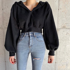 Casual Solid Pullovers Black Cropped Women's Hoodies Autumn Winter Harajuku Long Sleeve Female Sweatshirt Gothic Jacket Top