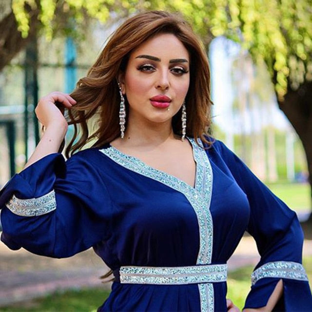 Siskakia Satin Maxi Dress For Women Turkey Arabic Diamond V Neck Long Sleeve Jalabiya Muslim Islamic Ethnic Abaya 2020 Fall New