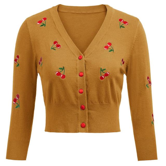 Women Vintage Jackets Cardigans  Autumn Spring Womens Cherries Embroidery 3/4 Sleeve V-Neck Cropped Knitting Coat Knitwear