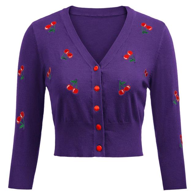 Women Vintage Jackets Cardigans  Autumn Spring Womens Cherries Embroidery 3/4 Sleeve V-Neck Cropped Knitting Coat Knitwear