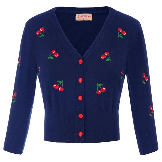 Women Vintage Jackets Cardigans  Autumn Spring Womens Cherries Embroidery 3/4 Sleeve V-Neck Cropped Knitting Coat Knitwear